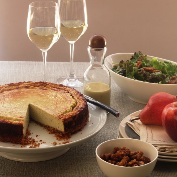 Blue Cheese Cheesecake With Baby Greens, Candied Walnuts And A Pear
